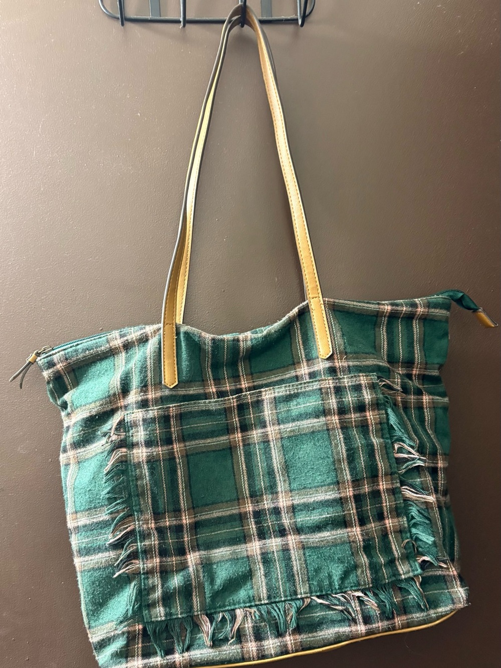 Sonoma Green Plaid Tote with Tan Handles